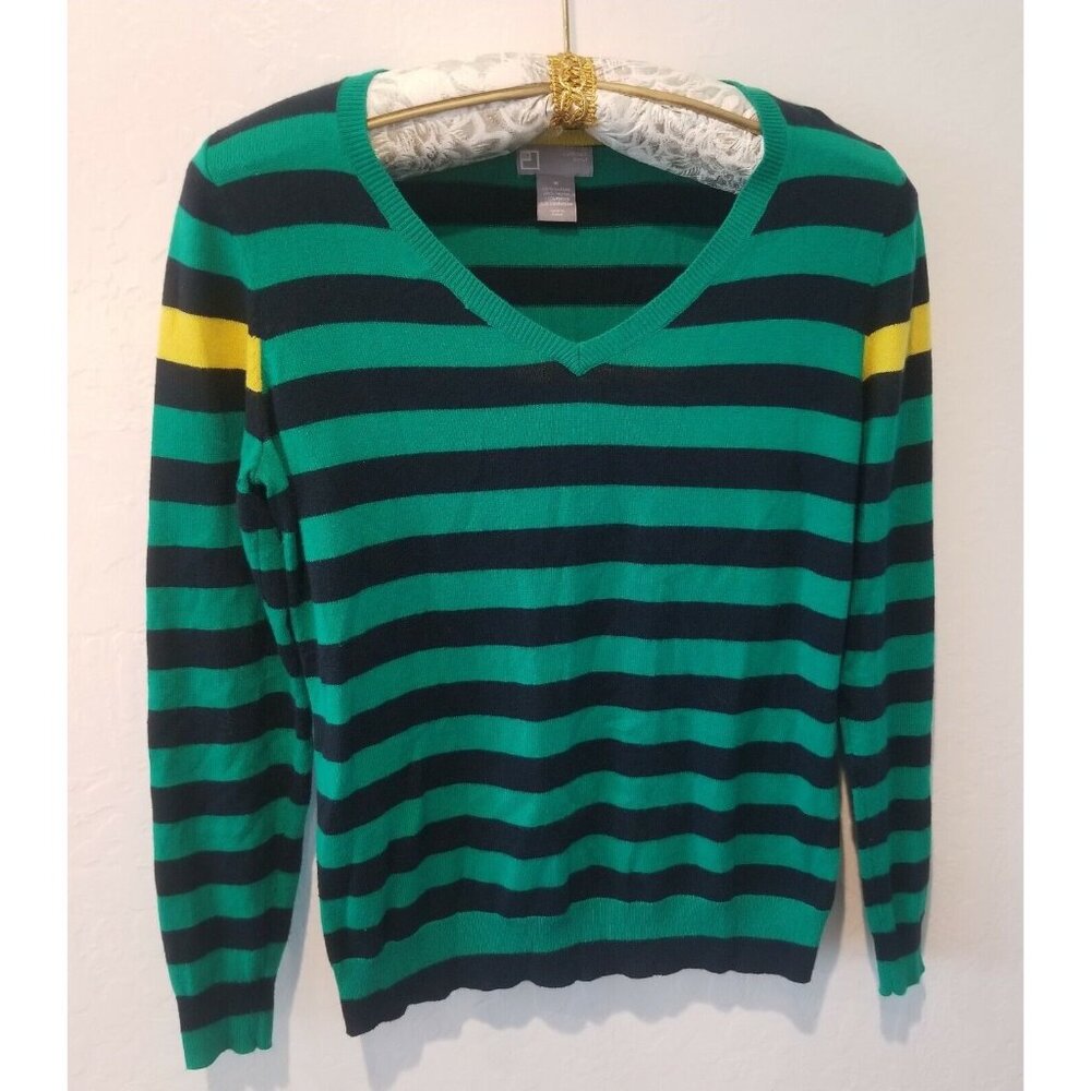 JCP Womens Cashmere Blend V-Neck Striped Sweater Pullover Green Medium Casual